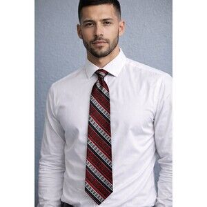 MURANO 100% SILK NECKTIE RED BLACK SILVER DIAGONAL PLAID NWT